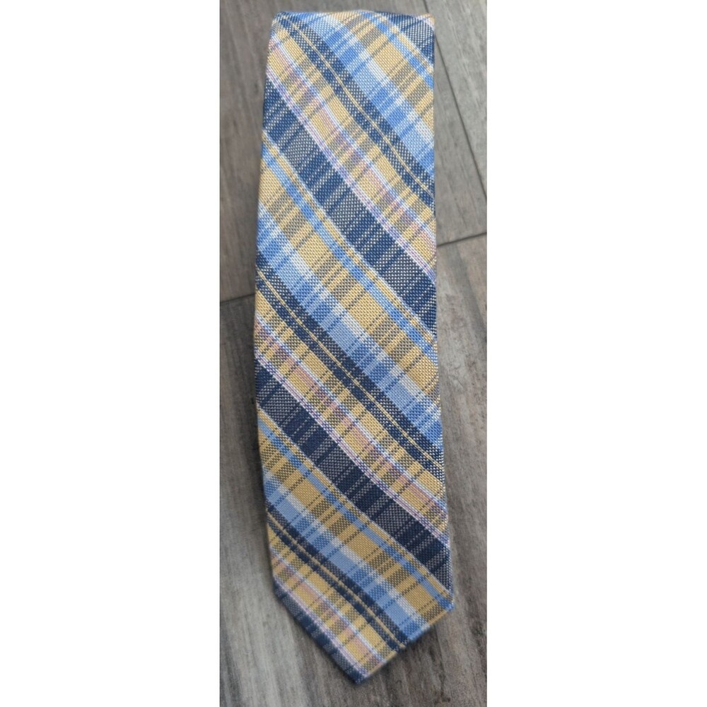 Lauren Ralph Lauren Plaid Neck Tie Blue Yellow Cotton Silk Blend Preppy LRL